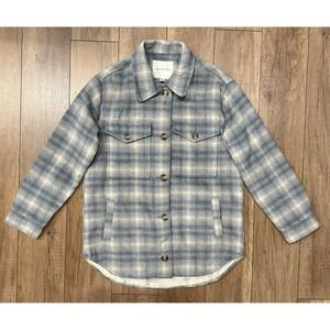 NWT American Eagle Brushed Plaid Shacket Oversized Grey/Blue/Cream Sz XS Pockets